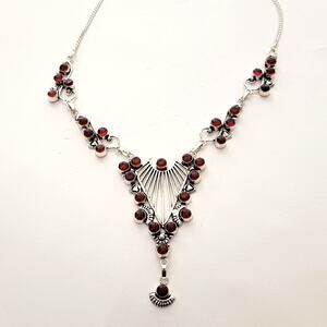 Intricate Red Simulated Gemstone Necklace - Sterling Silver Statement Jewelry